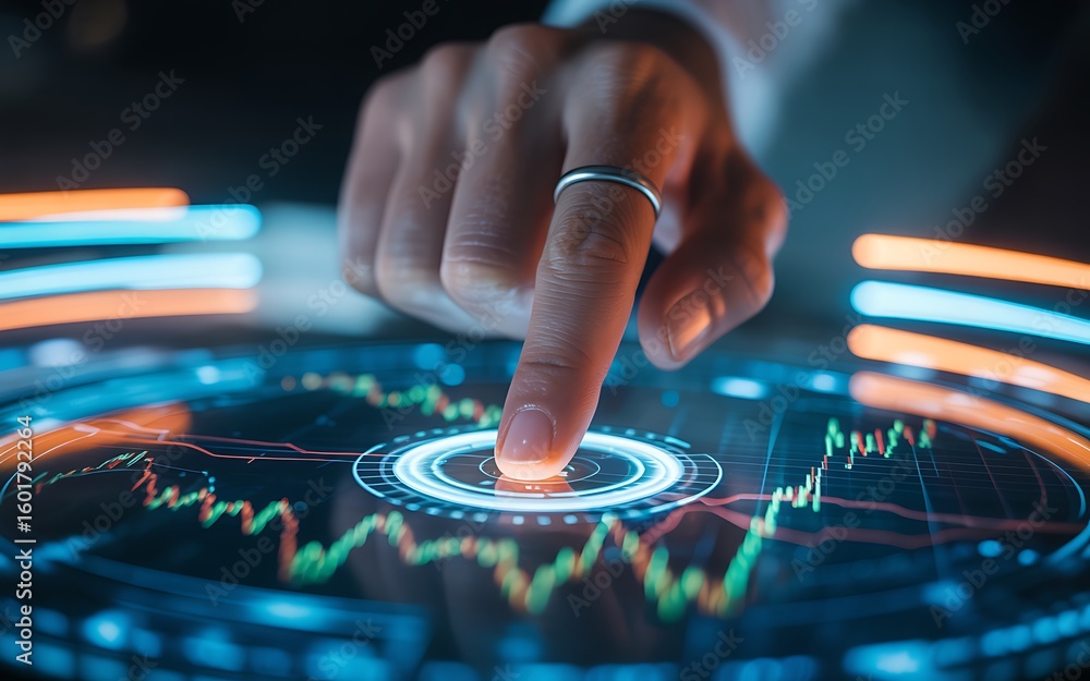 Naklejka premium Analyze stock market data with a futuristic touch screen for smart business decisions and growth investment