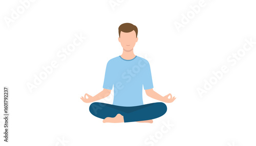 Faceless man with brown hair in blue clothes meditating in a calm lotus yoga pose.