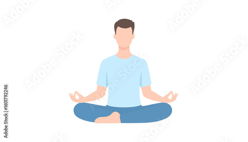 Calm faceless man in blue clothes meditating in the lotus position with mudra hands.