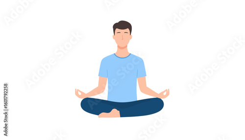 Calm young man in blue clothing meditating in a cross-legged lotus pose illustration.