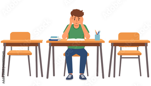 Frustrated male student with hands on head, sitting at a school desk with books.