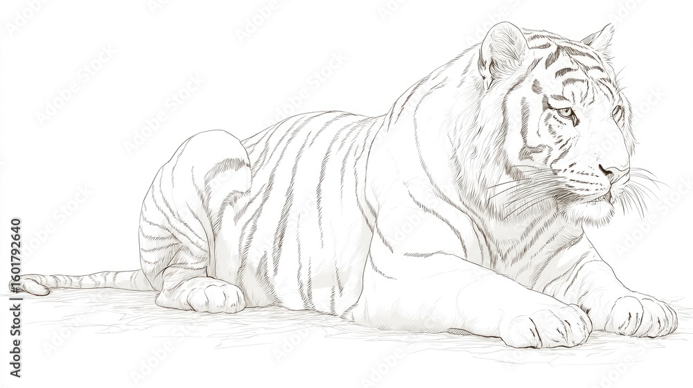 Naklejka premium Majestic White Tiger Lying Down in a Graceful Pose with Intricate Details, Capturing the Beauty and Elegance of This Endangered Species