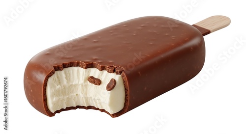A delicious chocolate-covered ice cream bar with a bite taken out. 
