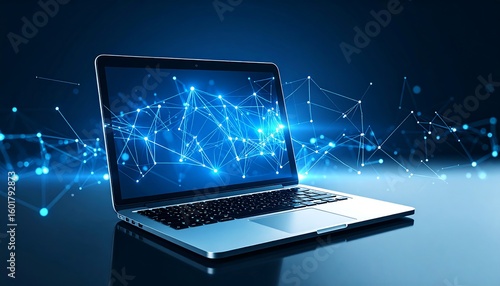 Modern laptop with digital network graphic