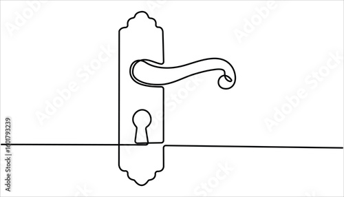 Door knob continuous one line drawing, Door outline drawing illustration. Open door one line illustration, Doorknob Black Stroke Linear Icon, Continuous one line drawing of Opened door design.