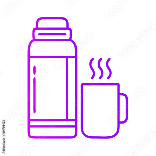 Insulated thermos bottle and steaming mug in purple outline design  