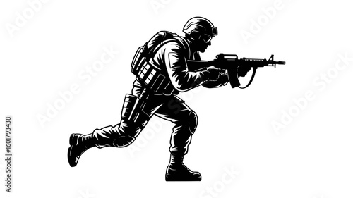 Soldier in combat gear running with assault rifle