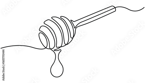 A continuous line drawing of a honey jar with a dipper, Vector continuous one single line drawing of honey dipper in silhouette on white background. Linear stylized, Honey dripping from honey dipper.
