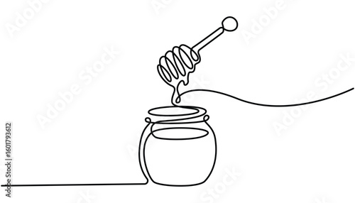 A continuous line drawing of a honey jar with a dipper, Vector continuous one single line drawing of honey on dipper in silhouette on white background. Glass canning jar in continuous line art drawing