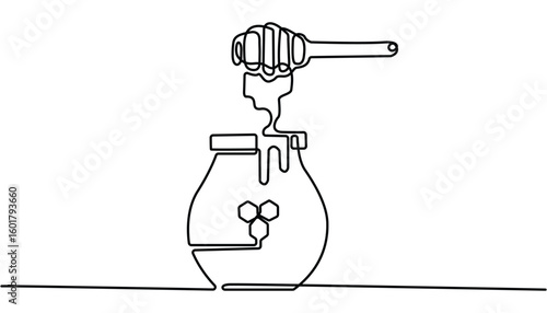 A continuous line drawing of a honey jar with a dipper, Vector continuous one single line drawing of honey on dipper in silhouette on white background. Glass canning jar in continuous line art drawing