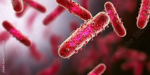 Detailed 3D illustration of red bacillus bacteria with visible surface structures