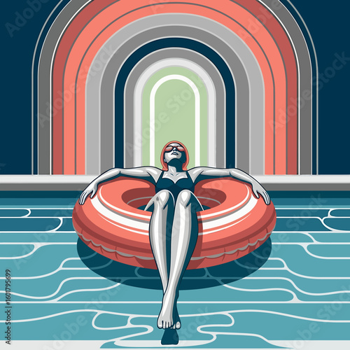 Woman in a black swimsuit floats on an orange inflatable ring in a pool, with a colorful archway behind her.