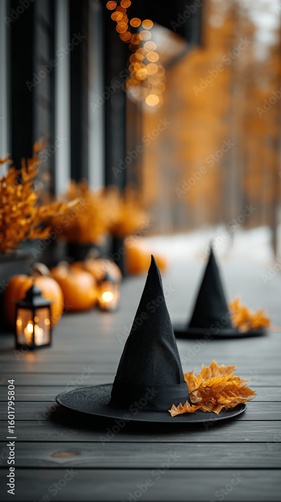 Fototapeta premium Halloween's Enchanting Gathering: A whimsical Halloween scene featuring iconic black witch hats, surrounded by autumnal pumpkins and leaves, evoking a sense of enchantment and festive spirit.