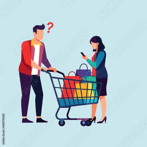 Man pushing a shopping cart full of bags looks confused while a woman checks her phone.