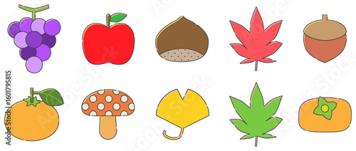 秋の味覚と葉っぱのカジュアル素材セット