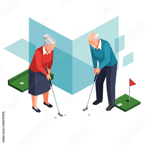 Isometric illustration of an elderly couple playing miniature golf, enjoying leisure time and active retirement.