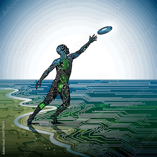 A digital humanoid figure reaches for a flying disc on a circuit board landscape under a bright, gradient sky.