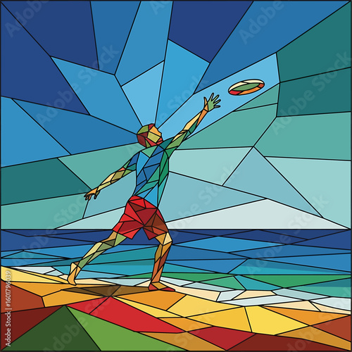 Geometric illustration of a person reaching for a flying disc on a beach, with a stylized sky and ocean background.