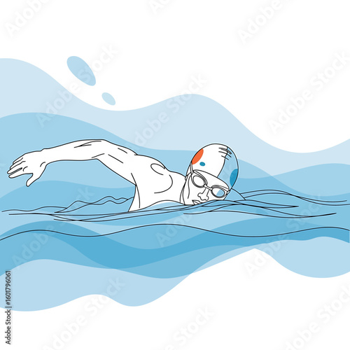 Illustration of a swimmer in a cap and goggles performing the freestyle stroke in blue water.