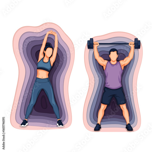 Two figures depicted in layered paper cut style: one woman stretching, the other man lifting a barbell overhead.