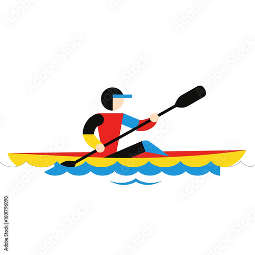 Stylized illustration of a kayaker paddling a yellow kayak on blue water, wearing a helmet and holding a black paddle.