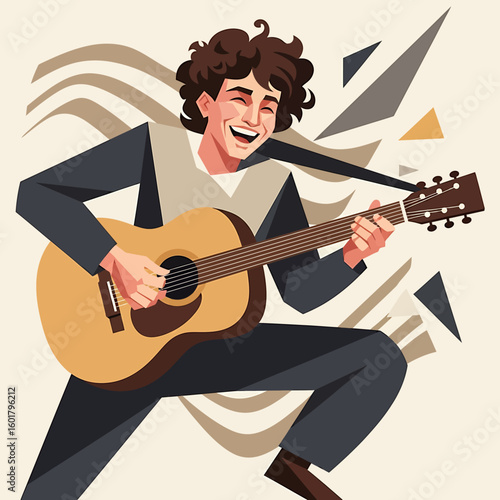 A happy young man with curly hair energetically plays an acoustic guitar, smiling widely with abstract shapes in the background.