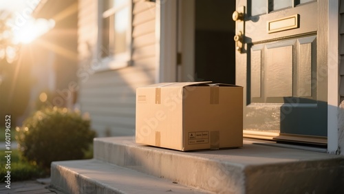 Cardboard box delivered to a doorstep at sunrise