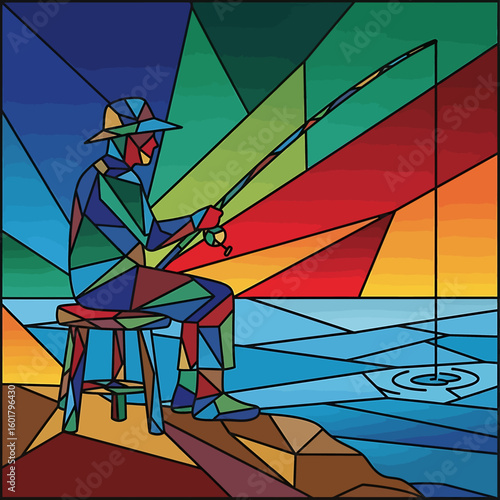Abstract illustration of a person fishing by the water, depicted in a stained glass style with geometric shapes and vibrant colors.