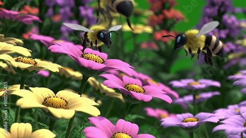 Vibrant flowers buzzing with colorful honeybees in a spring garden.