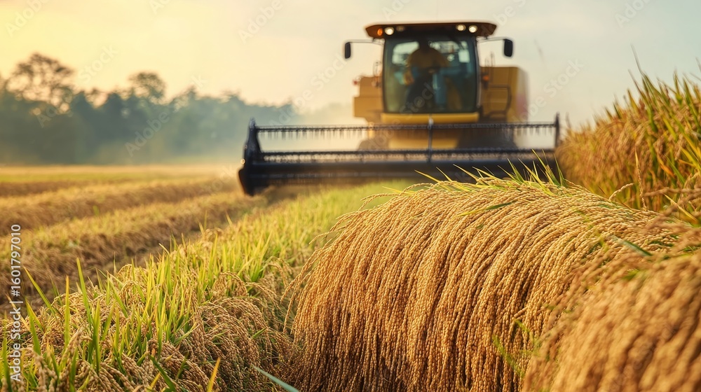 Fototapeta premium harvesting rice in a golden paddy field with combine
