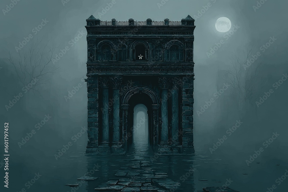 Fototapeta premium Ancient archway, shrouded in mist, floating on still water. A full moon hangs in a dark, atmospheric sky