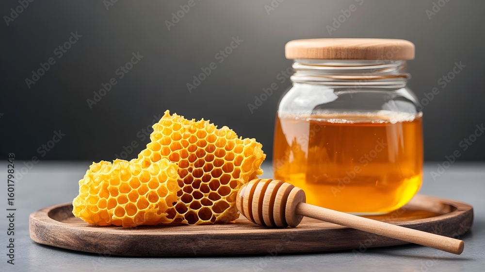 Golden honey in a glass jar with a wooden dipper and natural honeycomb pieces on a round wooden tray Golden honey in a glass jar with a wooden dipper and natural honeycomb pieces on a round wooden tray
