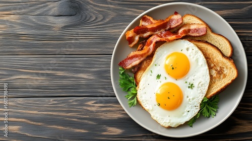 Close up overhead view of a complete breakfast on a plate featuring two fried eggs crispy bacon golden toast and parsley