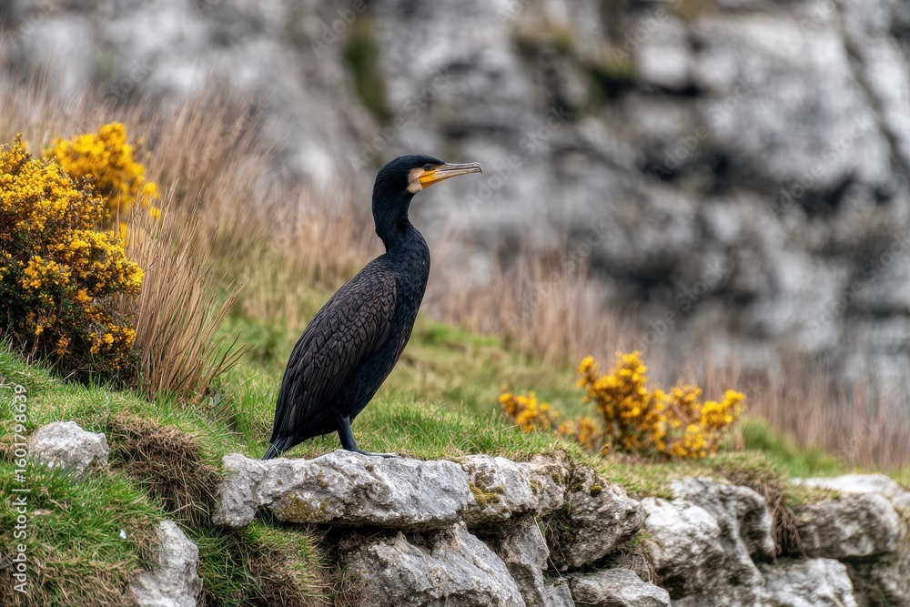 Obraz premium Cormorant resting on a grassy barrier