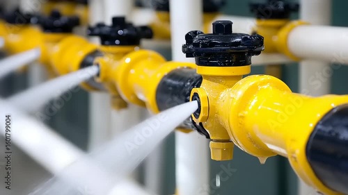 Leaking yellow pipes with water spray