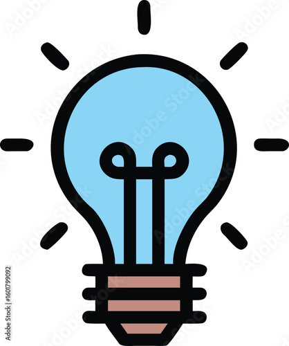 Light Bulb Icon with Blue Glass, Filament, Brown Base and Radiating Energy