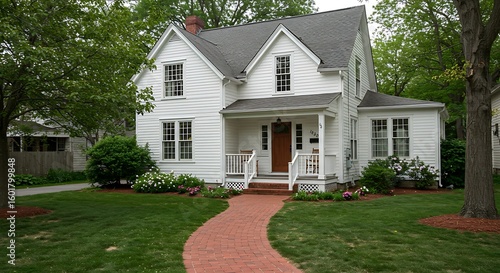 Classic white clapboard house with the red brick sidewalk