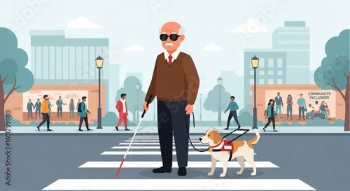Blind Elderly Man with Guide Dog at Crosswalk – Inclusive Urban Vector Illustration

