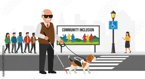 Blind Elderly Man with Guide Dog at Crosswalk – Inclusive Urban Vector Illustration

