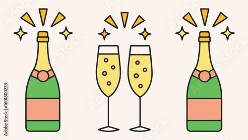 Collection of various glassware set and cocktail shaker in outline style drink