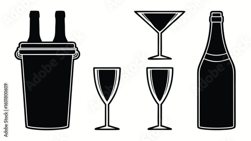 Collection of various glassware set and cocktail shaker in outline style drink
