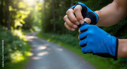 Hands Putting on Gloves Before a Nature Bicycle Ride