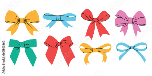 Colorful ribbon set, hand drawn bowknot, different shape, decoration, gift, present, vector illustration