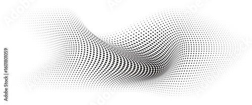 Flowing Wave Dot Halftone Pattern: Curve Gradient Shape on Transparent Background. Suitable for AI, Tech, Network, Digital, Science, and Technology Themes.