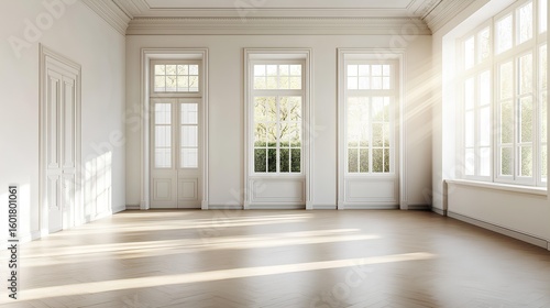 Wallpaper Mural Empty Room with Natural Light: A bright and spacious room with large windows and a wooden floor, bathed in natural light, offers a sense of tranquility and possibilities. Torontodigital.ca