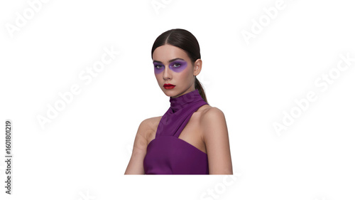 Portrait of a Stylish Woman with Purple Eye Makeup and Dress