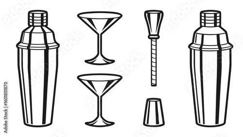 Collection of various glassware set and cocktail shaker in outline style drink