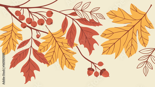 Watercolor autumn background with birch and maple leaves. Vector illustration,Autumn background with falling leaves and acorns. Vector illustration.