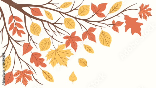 Watercolor autumn background with birch and maple leaves. Vector illustration,Autumn background with falling leaves and acorns. Vector illustration.