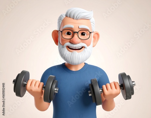 Cartoon elderly man lifting dumbbells